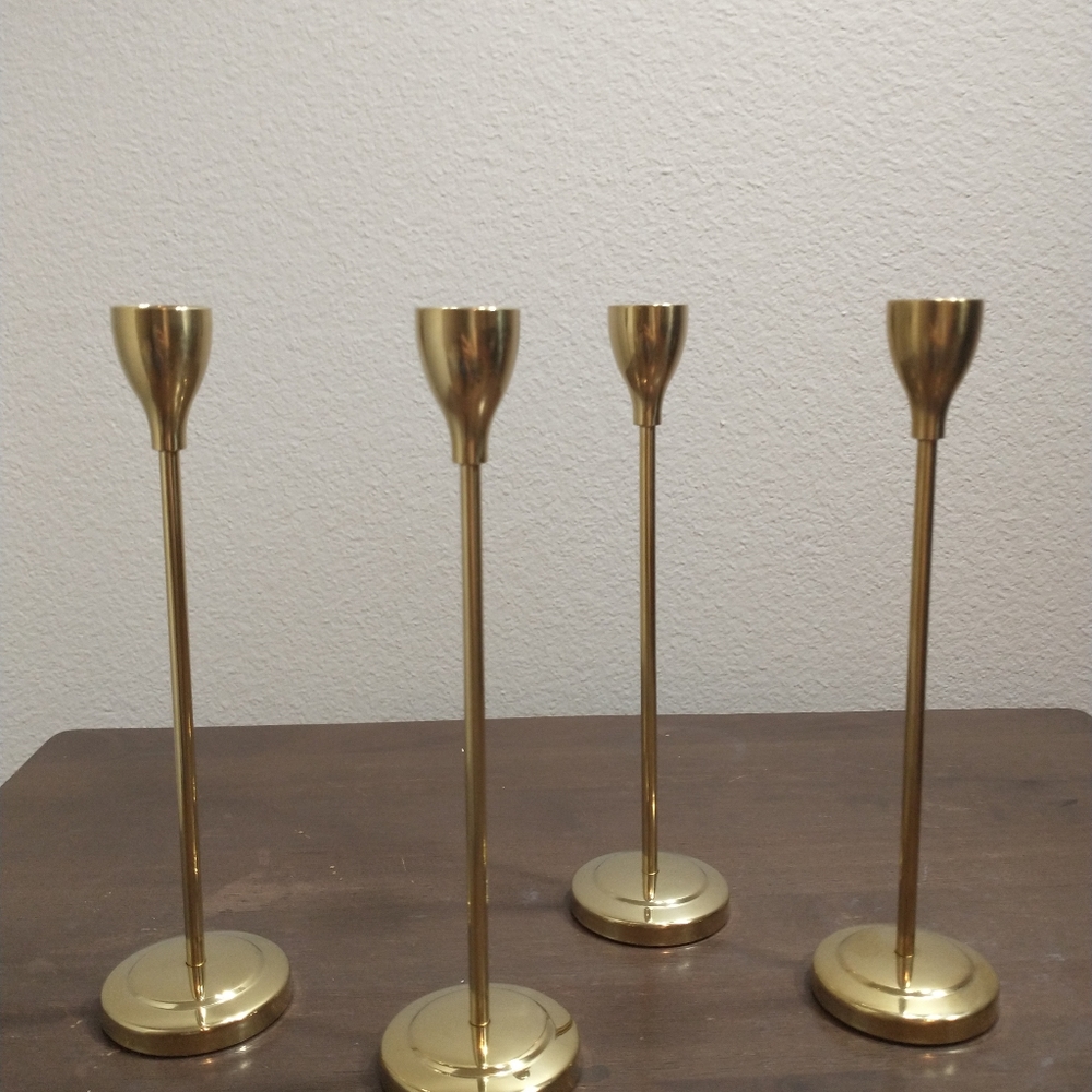 Set of 4  Golden Taper Candle Holders Decorative Candlestick Stand 7.5"L / .98"D